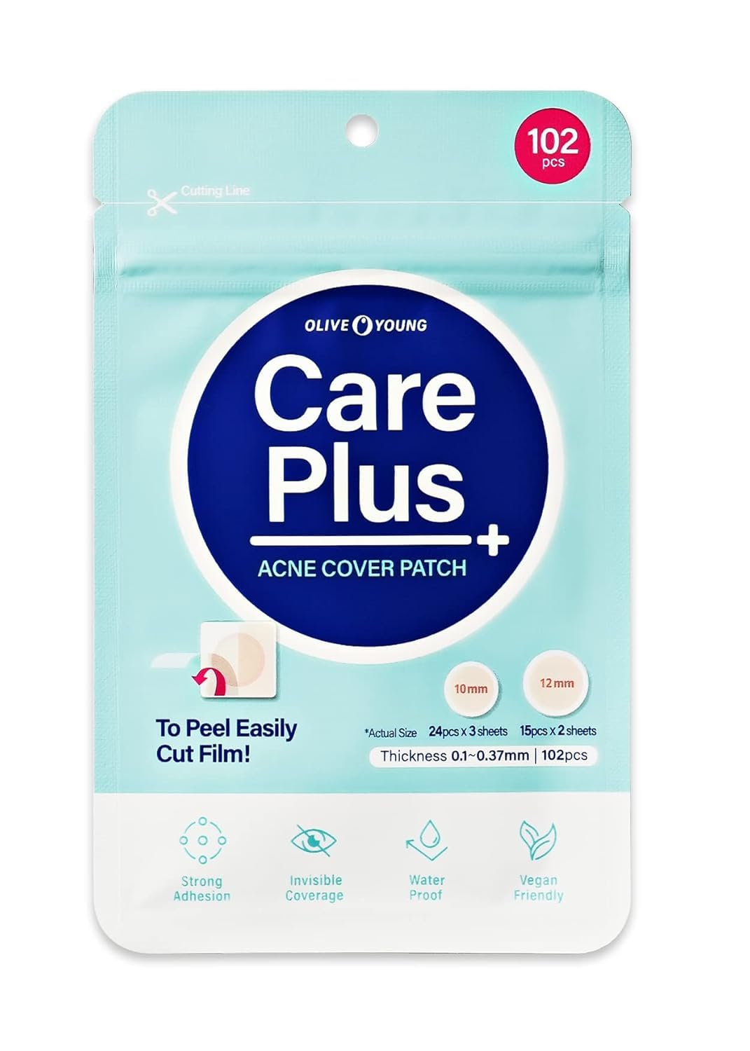 OLIVE YOUNG Care Plus Spot Patch pack closeup showing blemish protection