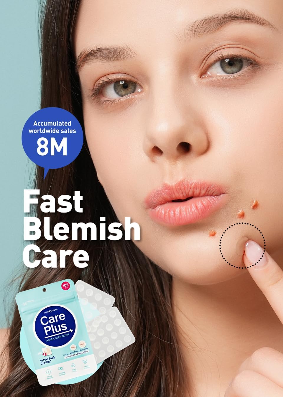 OLIVE YOUNG Care Plus Spot Patch placed on pore area to cover zits