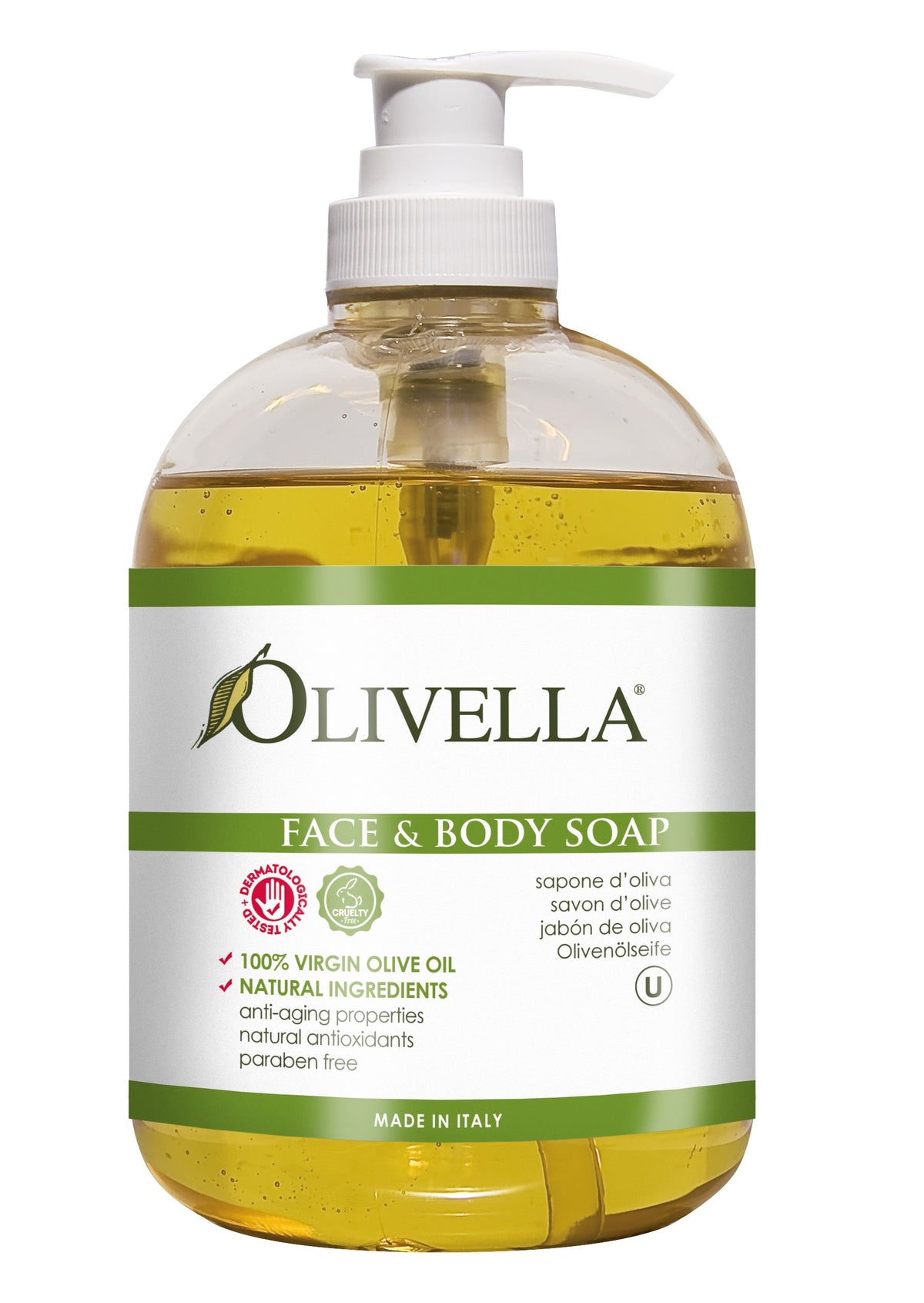 Olivella face and body soap bottle with virgin olive oil for skin hydration and nourishment
