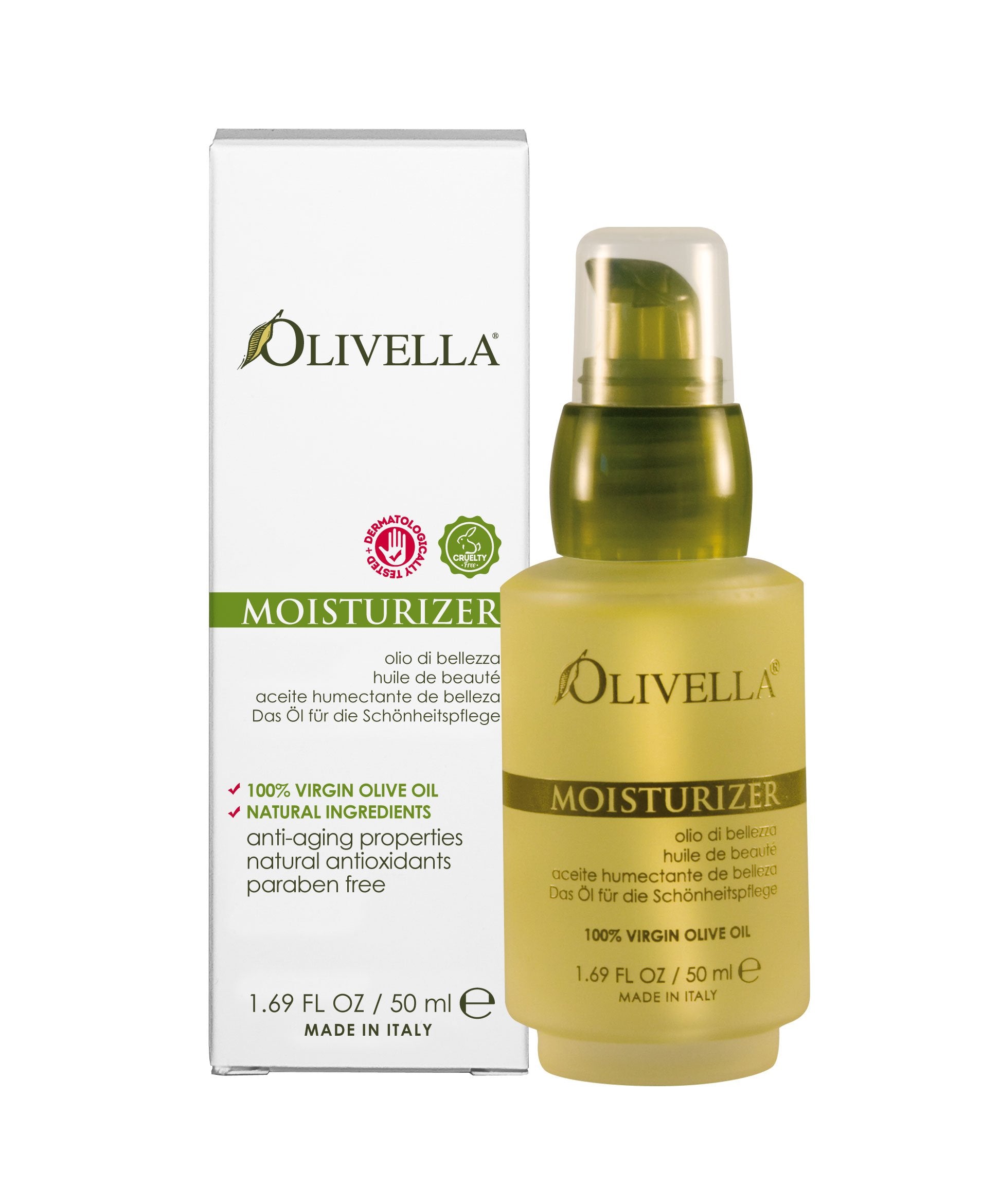 Olivella moisturizer bottle for daily hydration and skin nourishment.