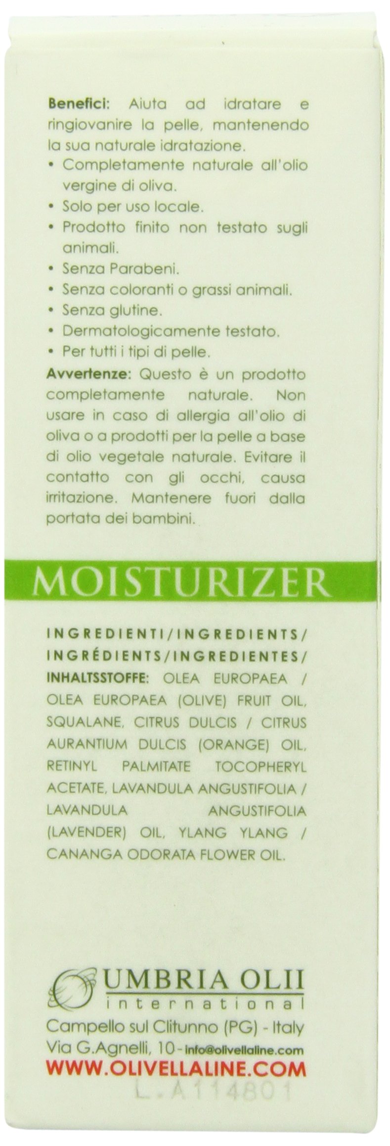 Olivella moisturizer ingredients vitamin E highlighted for antioxidant protection.