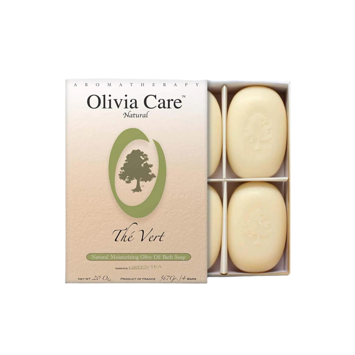 Olivia Care Green Tea Soap 4-pack gift box—natural olive oil hydration for sensitive skin.