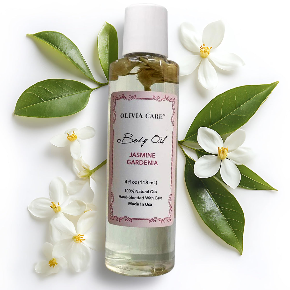 Olivia Care Jasmine Gardenia body oil bottle for nourishing hydration