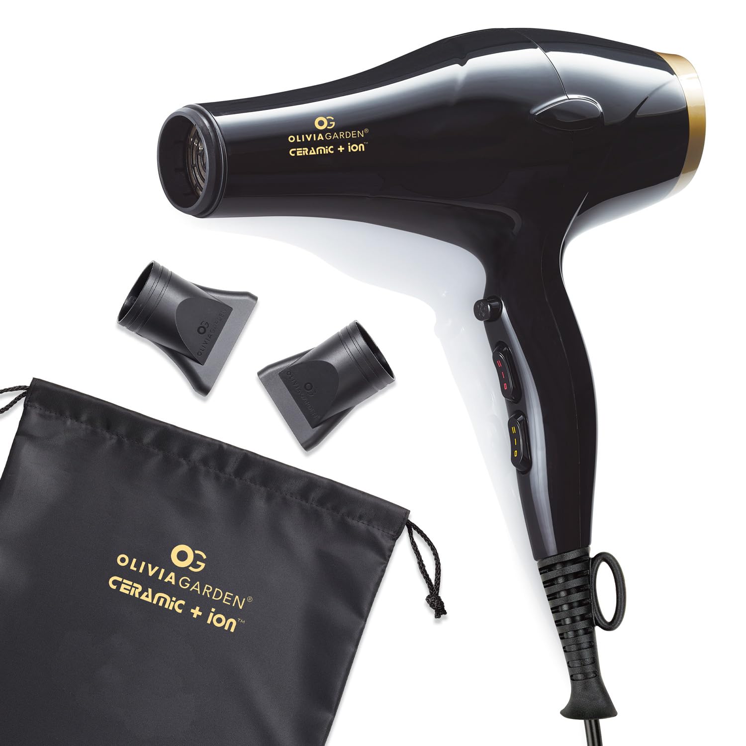 Olivia Garden 1875W dryer front view shows powerful airflow for quick drying