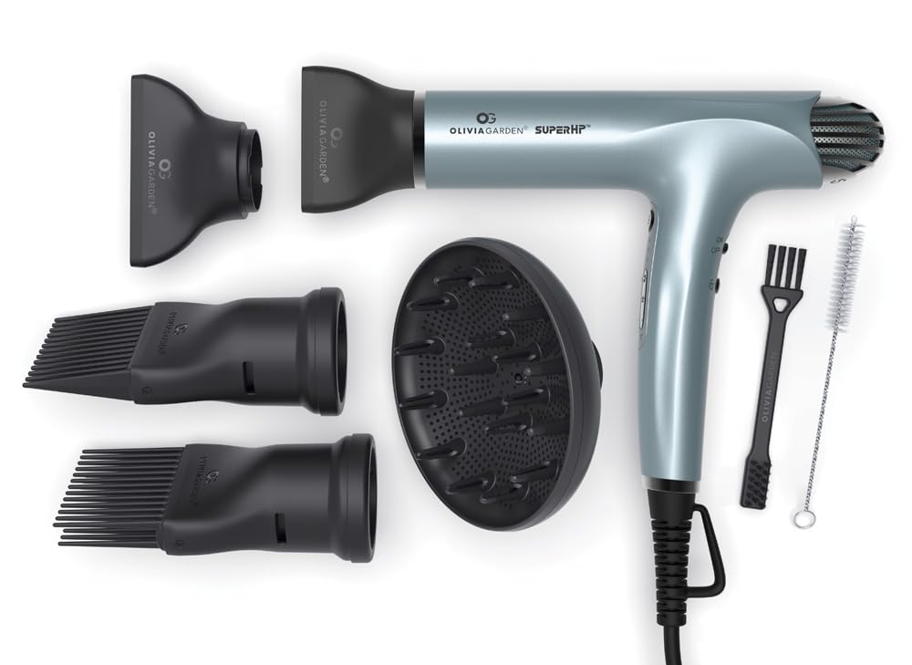 Olivia Garden 1875W SuperHP hair dryer front view with diffuser for frizz control.