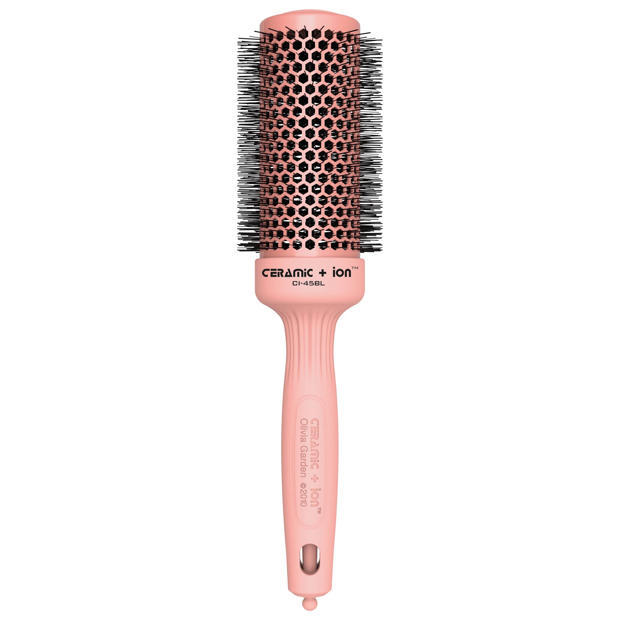 Olivia Garden CI-45BL pink brush close-up shows ceramic barrel for fast drying benefits