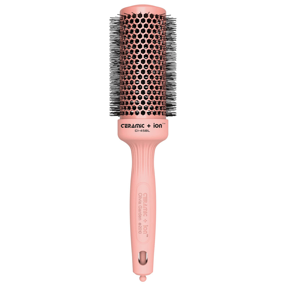 Olivia Garden CI-45BL pink brush close-up shows ceramic barrel for fast drying benefits
