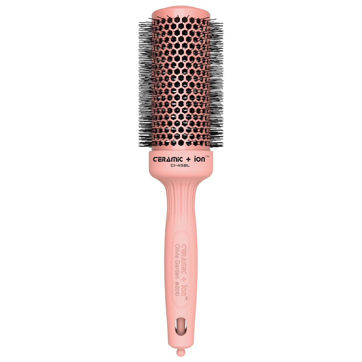 Olivia Garden CI-45BL pink brush close-up shows ceramic barrel for fast drying benefits