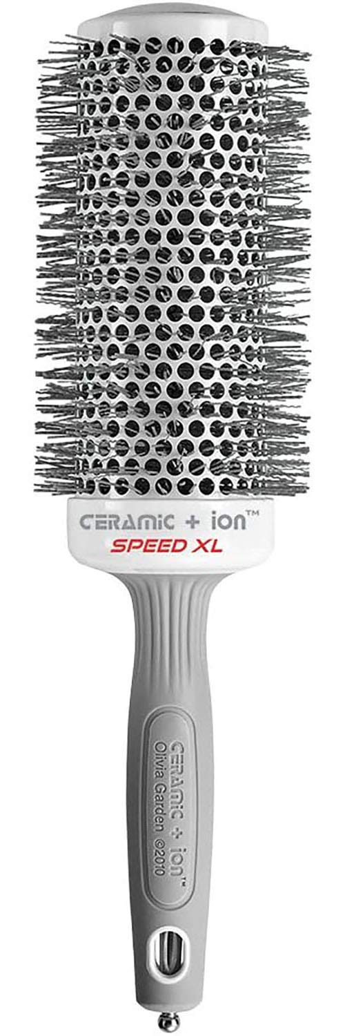 Olivia Garden Ceramic Ion Speed XL brush long-barrel for faster blowouts with a smooth finish.