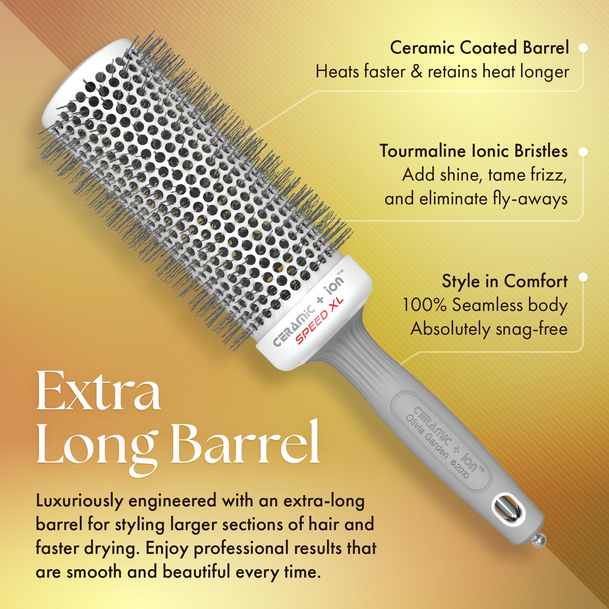 Olivia Garden Ceramic Ion Speed XL brush ergonomic-handle provides comfortable grip for longer styling sessions.