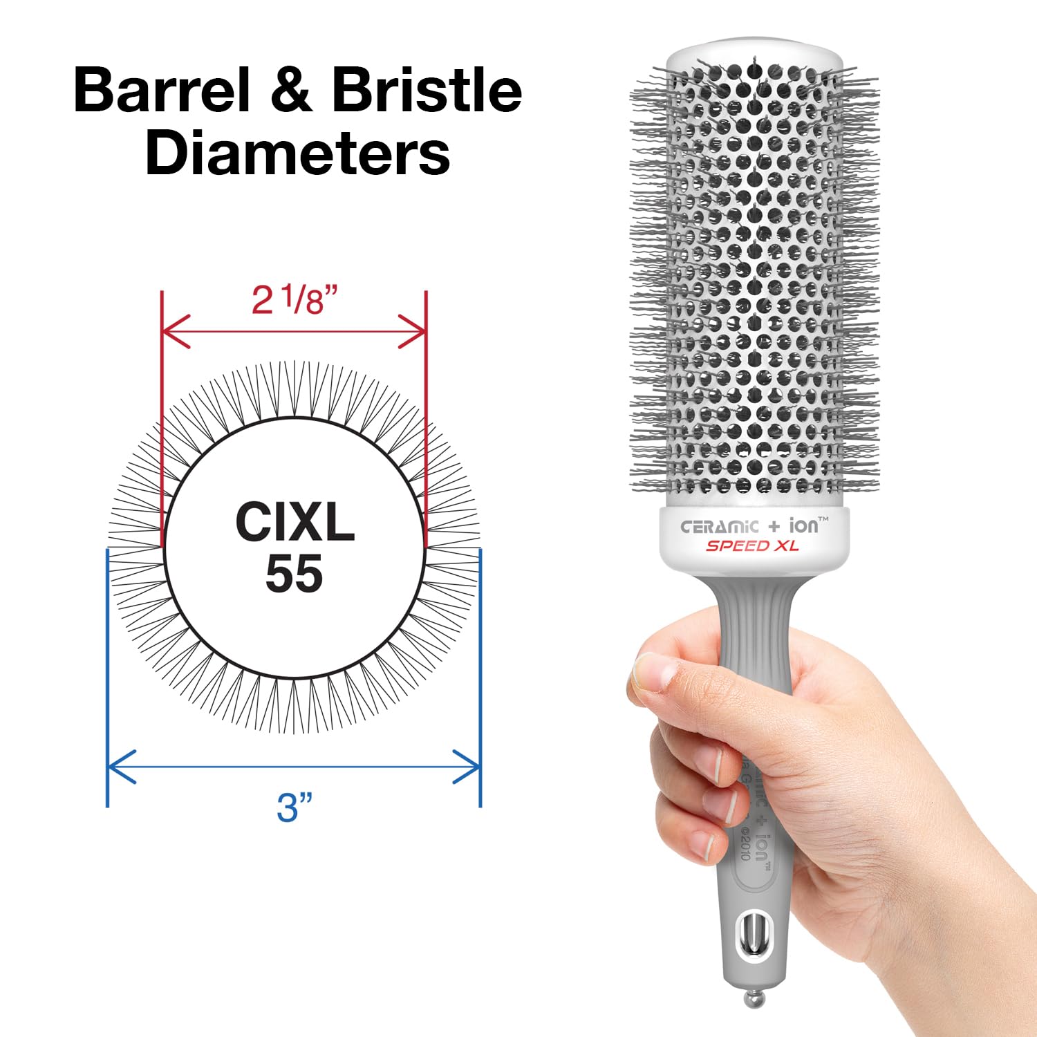 Olivia Garden Ceramic Ion Speed XL brush soft-tip-bristles reduce snagging for gentle styling.