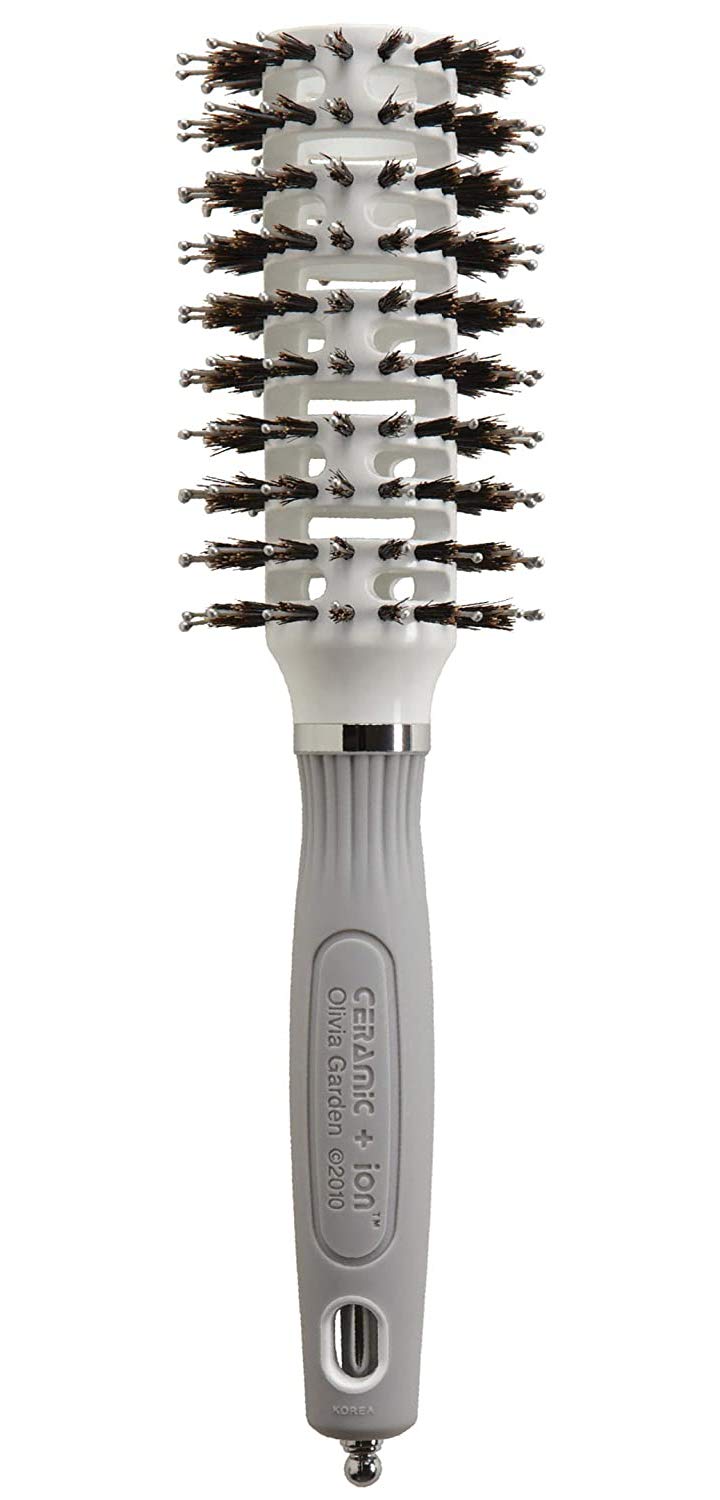 Olivia Garden Ceramic+Ion Turbo Vent Pro brush closeup highlights heat retention for faster styling.