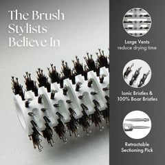 Olivia Garden Ceramic+Ion Turbo Vent Pro brush closeup demonstrates easy parting with the retractable pick.