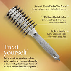 Olivia Garden Ceramic+Ion Turbo Vent Pro brush with ergonomic handle ensures comfortable styling sessions.