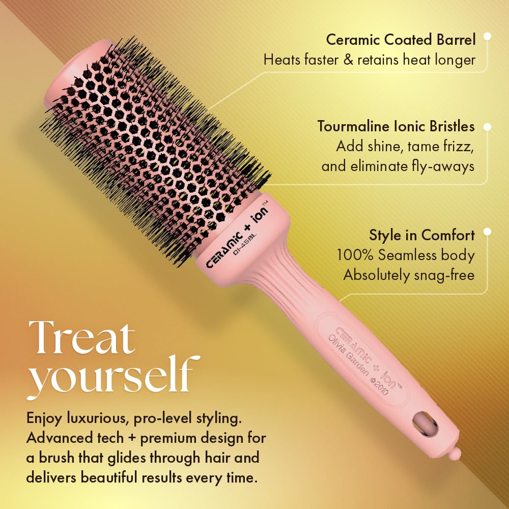 Olivia Garden pink ergonomic grip brush demonstrates lightweight, snag-free design for comfortable styling