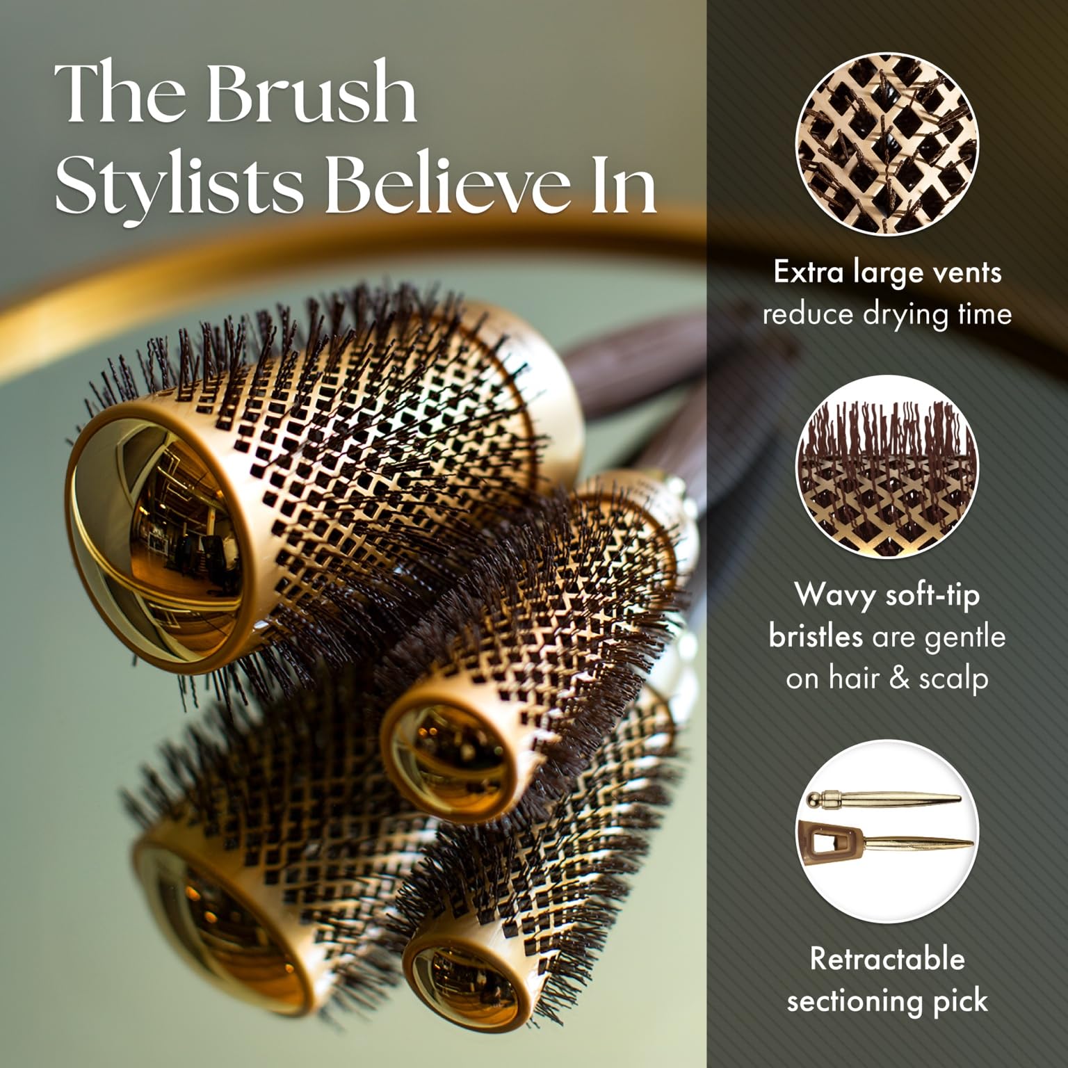 Olivia Garden round brush vented barrel promotes airflow for faster drying and long-lasting shape.