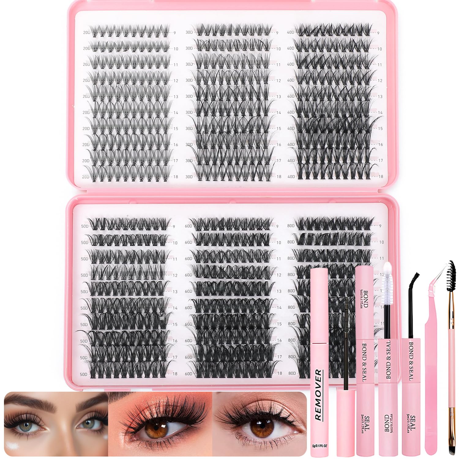 OLLAVO lash clusters kit contents shown: lashes, bond, seal, remover, tweezers, brush for easy DIY lash extensions.