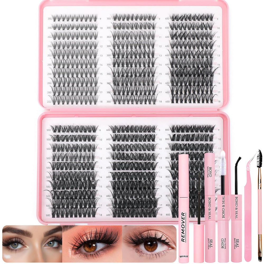 OLLAVO lash clusters kit contents shown: lashes, bond, seal, remover, tweezers, brush for easy DIY lash extensions.