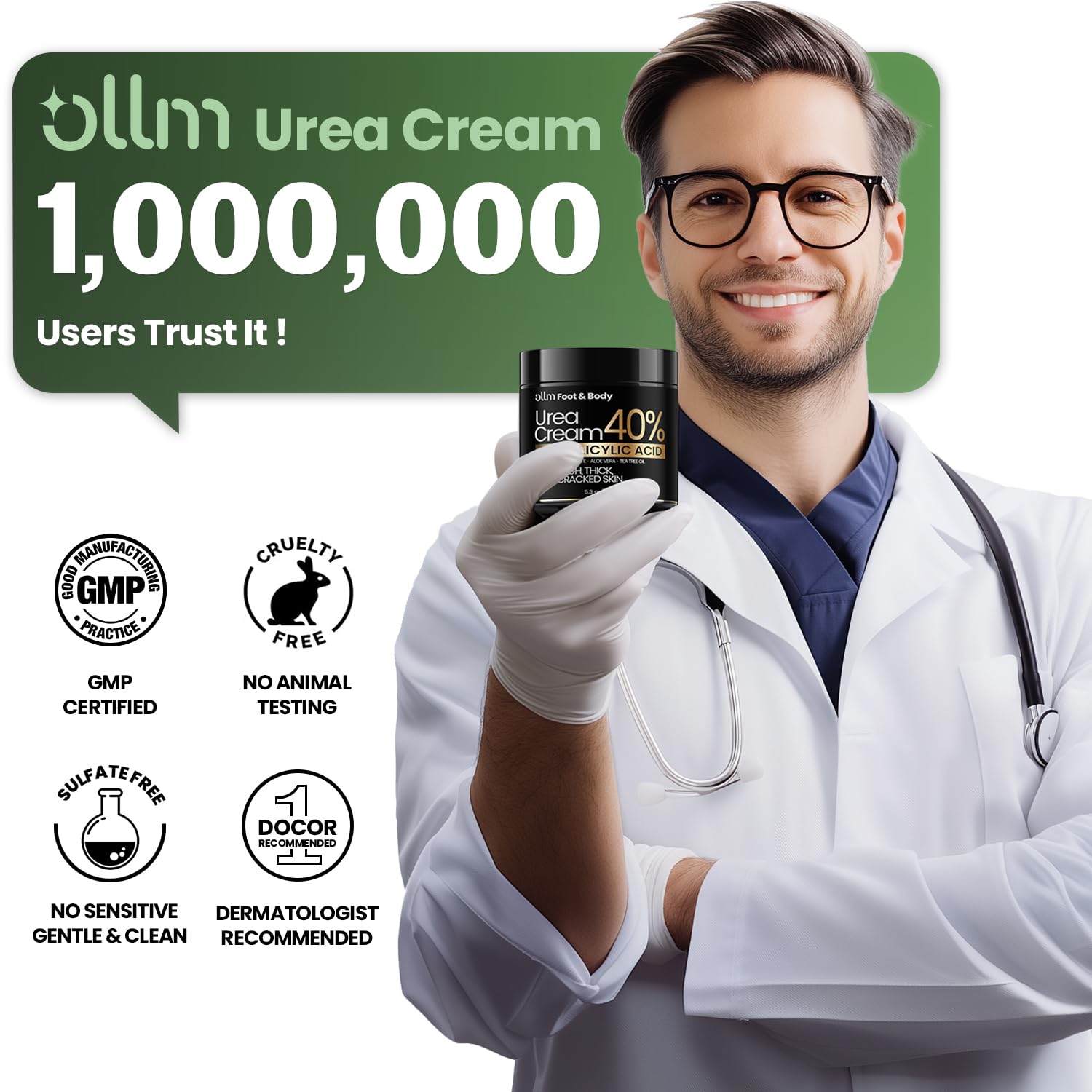 OLL M Urea Cream 40% callus removal detail shows exfoliating action.