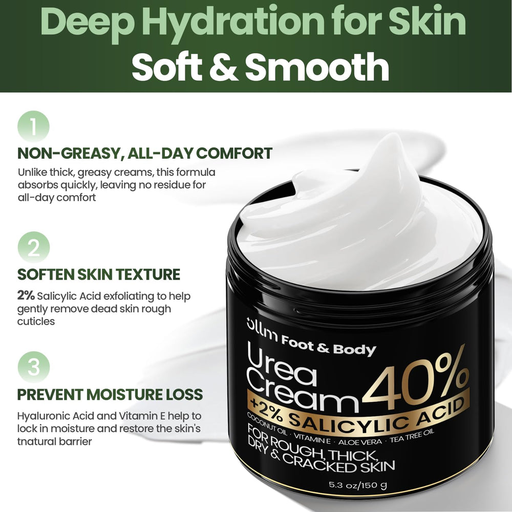 OLL M Urea Cream 40% quick-absorbing formula on dry skin.