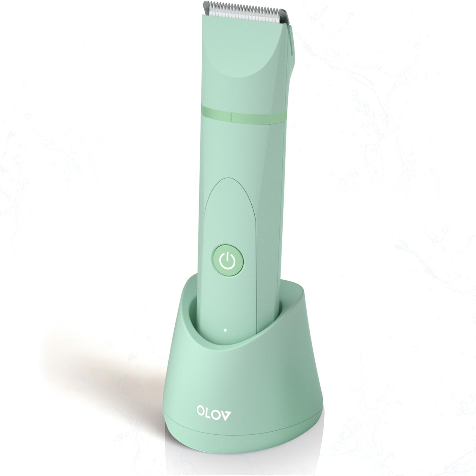 OLOV electric body hair trimmer closeup showing ceramic blade for smooth trimming