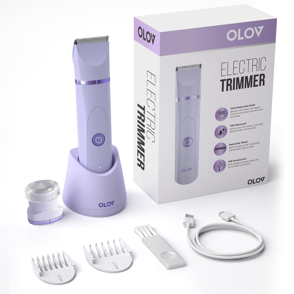OLOV groin and bikini trimmer close-up shows guard lengths for tailored trimming.