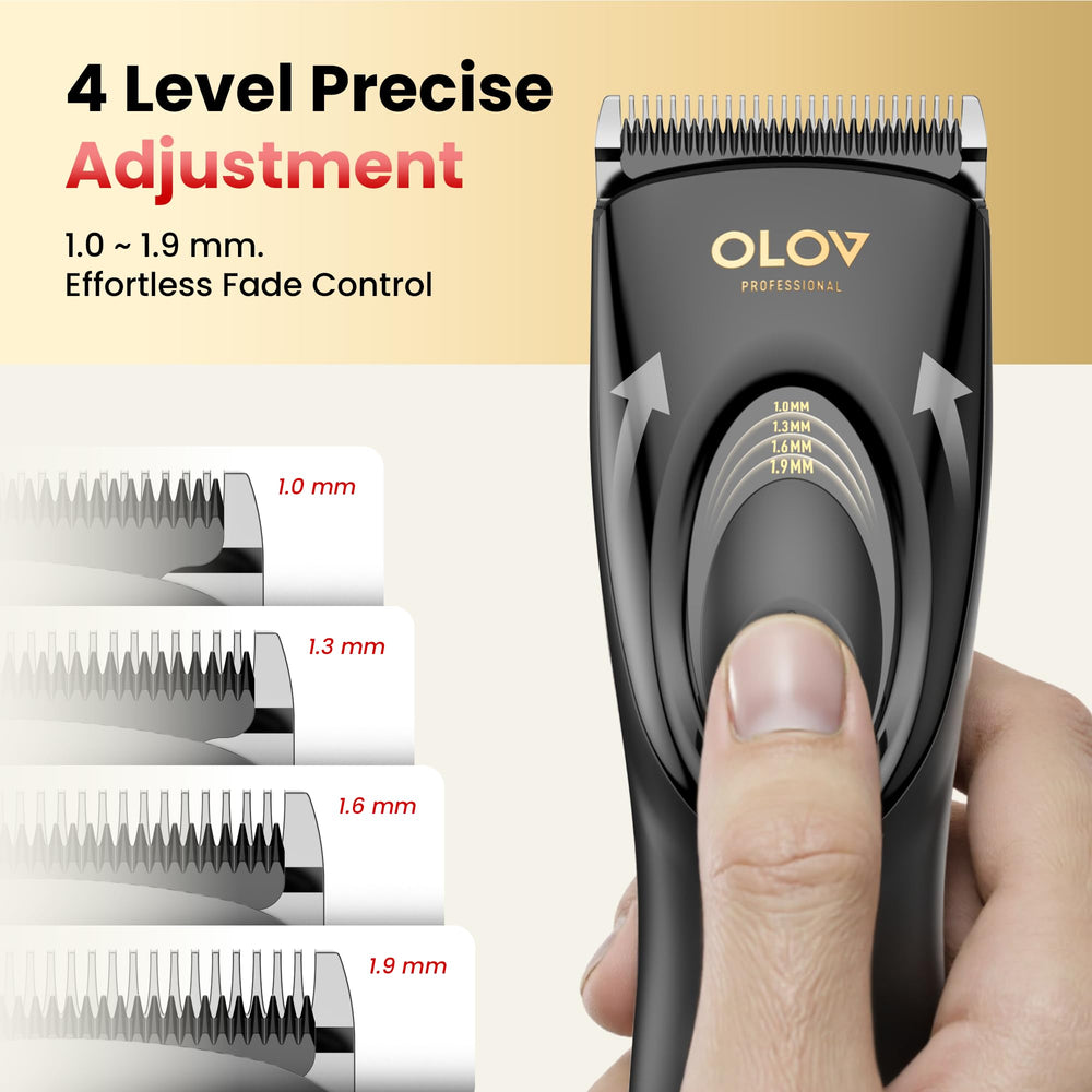 OLOV PROFESSIONAL clippers with adjustable length settings for customized trims.
