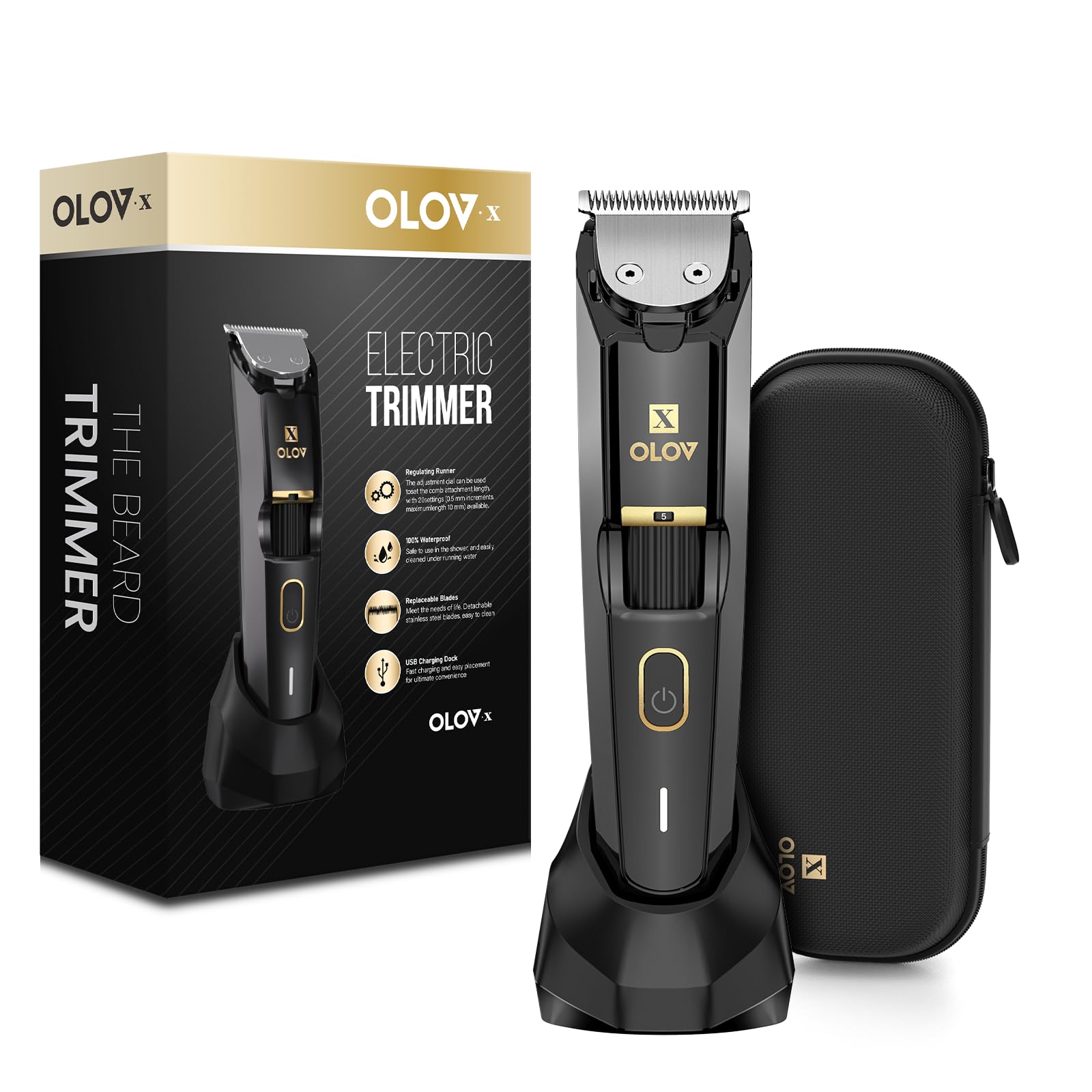 OLOV X beard trimmer with precision dial for customizable length settings.