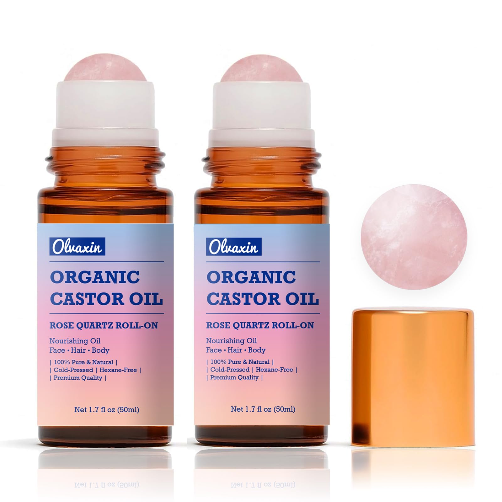 Olvaxin castor oil roll-on bottle for simple daily moisture on face and body.