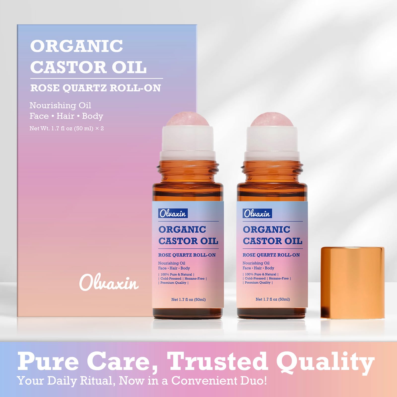 Olvaxin rose quartz roller head delivers precise, soothing application.