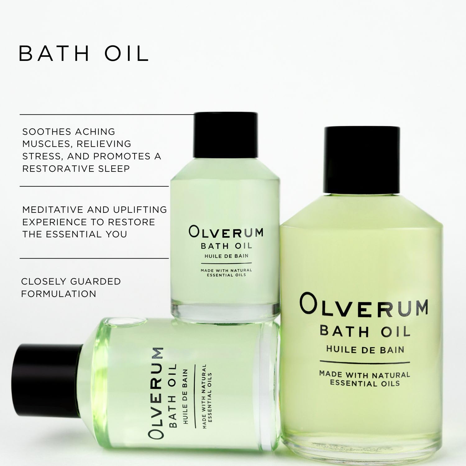 OLVERUM bath oil being poured to begin a calming aroma ritual.