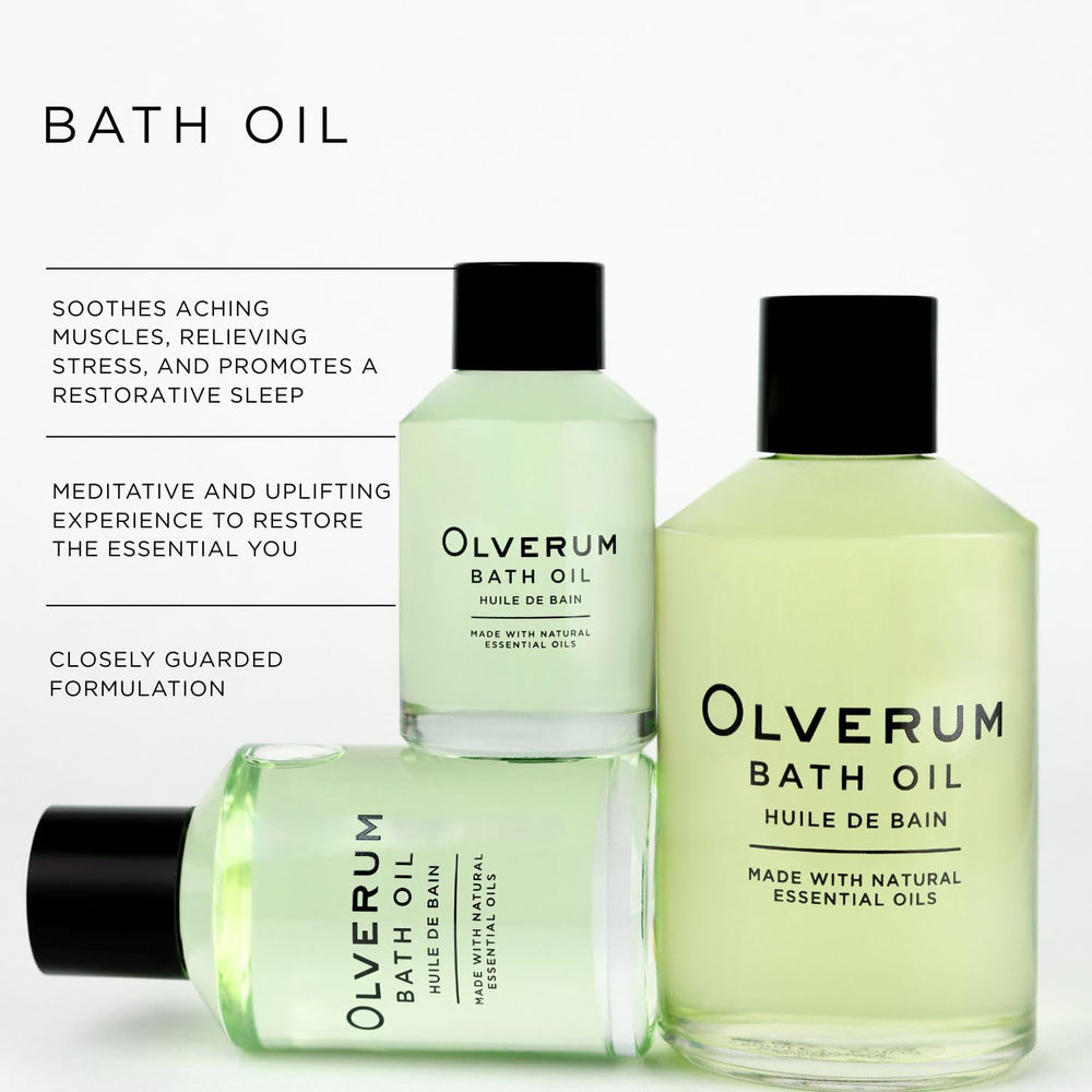 OLVERUM bath oil being poured to begin a calming aroma ritual.