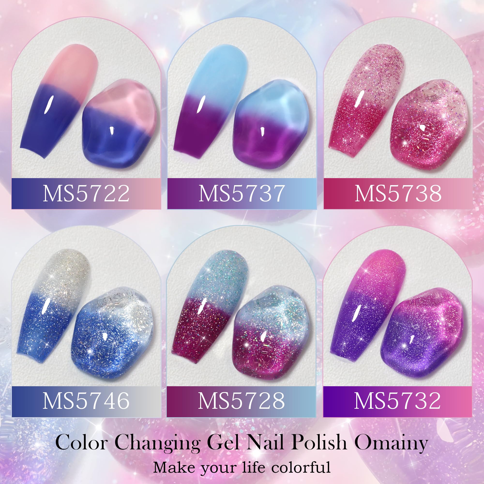 Omainy color-changing polish pink to red swatch highlights bold mood changes.