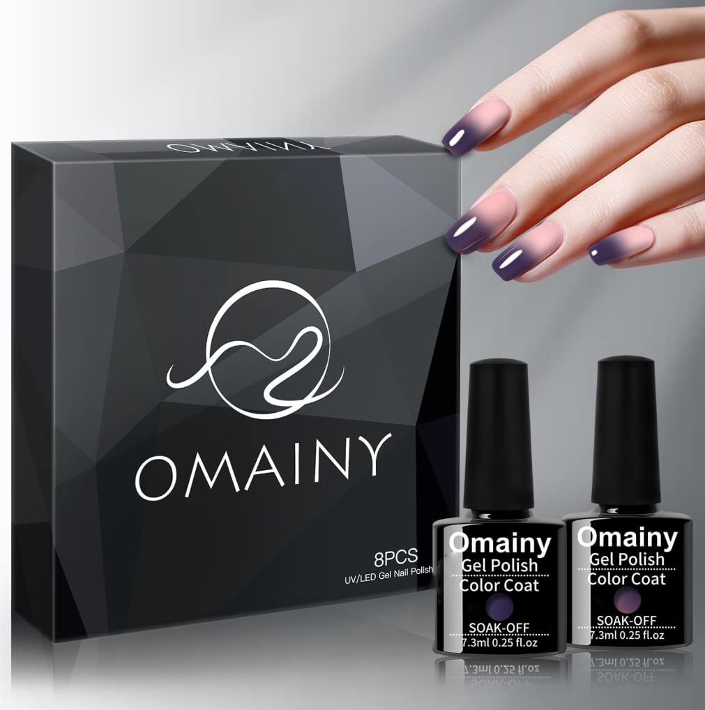 Omainy packaging with 8-piece kit showcases complete color-changing gel set.