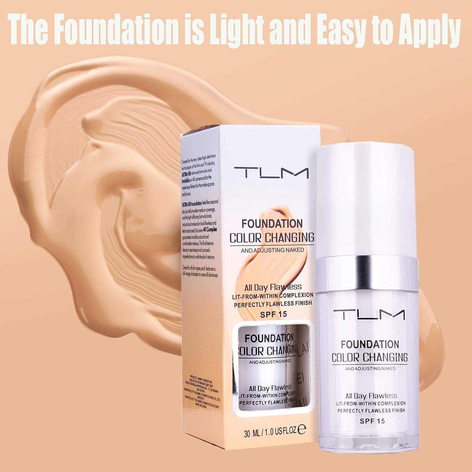 omaky foundation with SPF 15 shown on sample skin for daily protection.