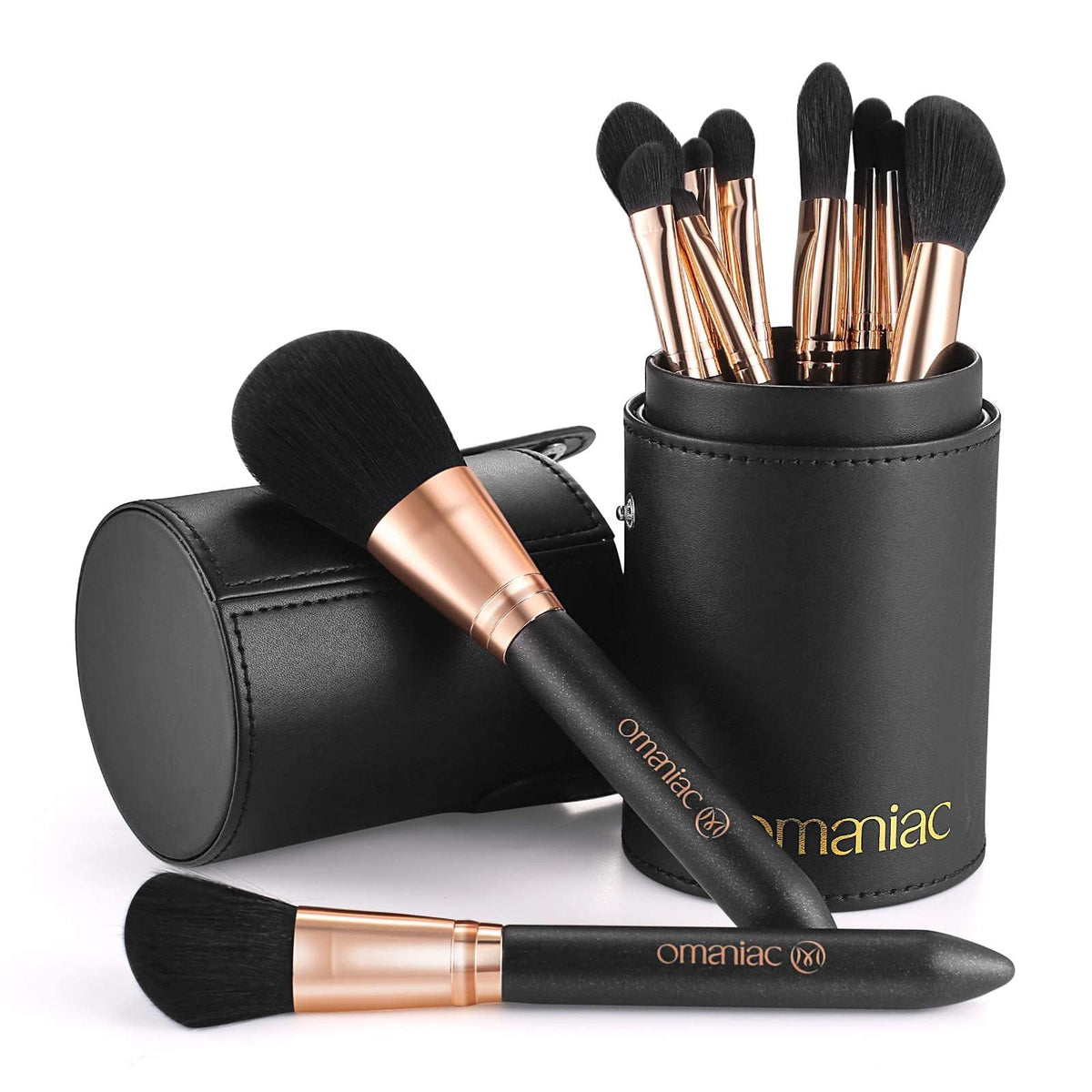 OMANIAC makeup brush set with pearlescent wood handles for precise application