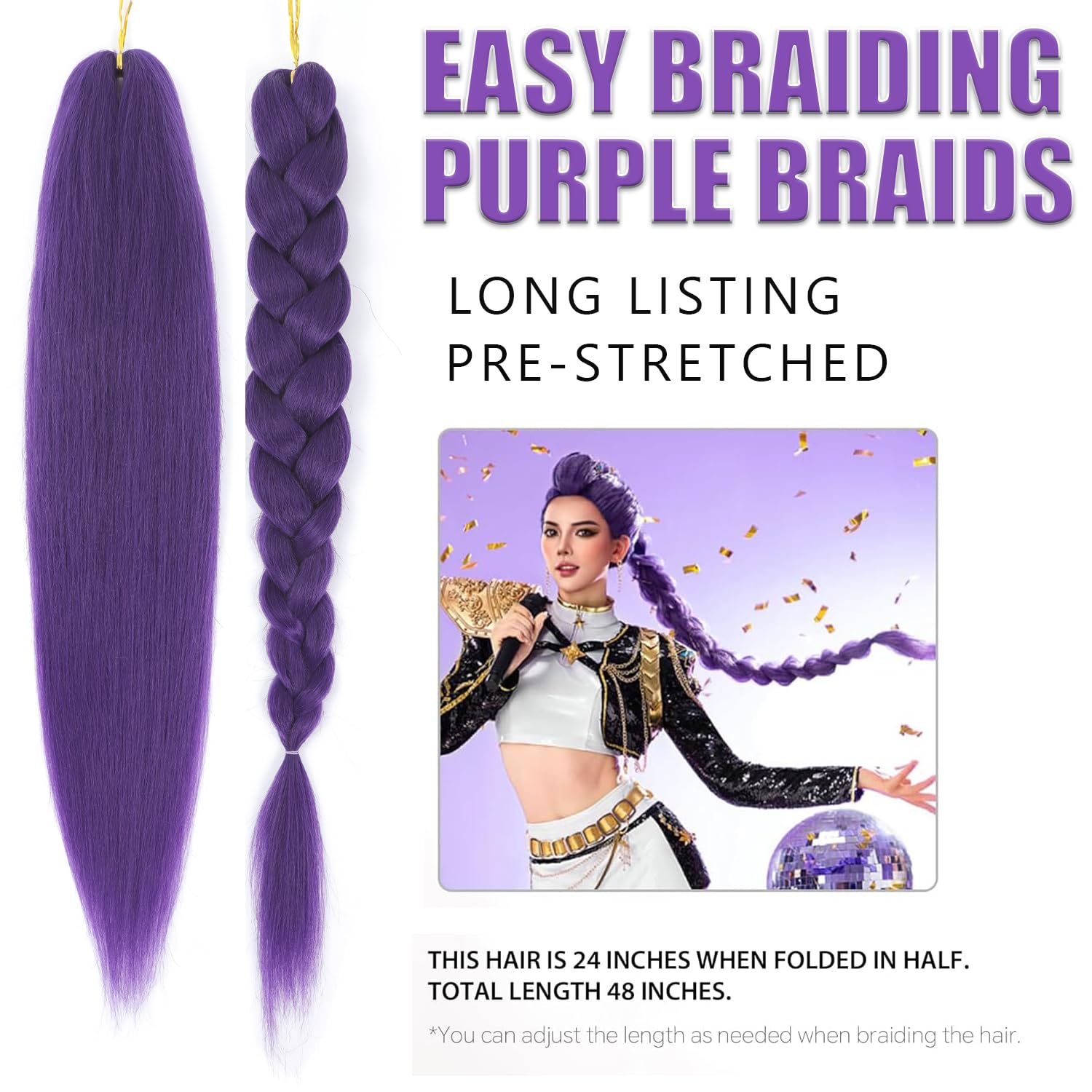 Ombrmal purple pre-stretched braiding hair, premium fibers with human-hair-like feel.