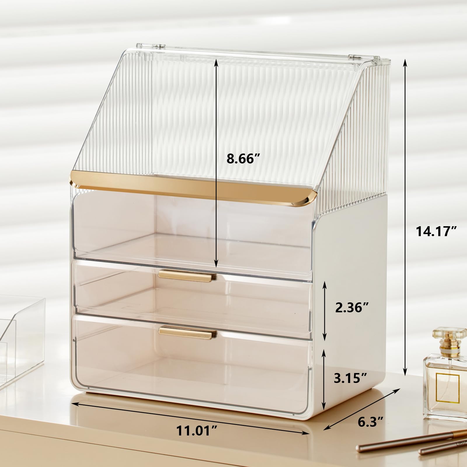 Omeily cosmetic storage box on bathroom counter demonstrates dustproof and waterproof build
