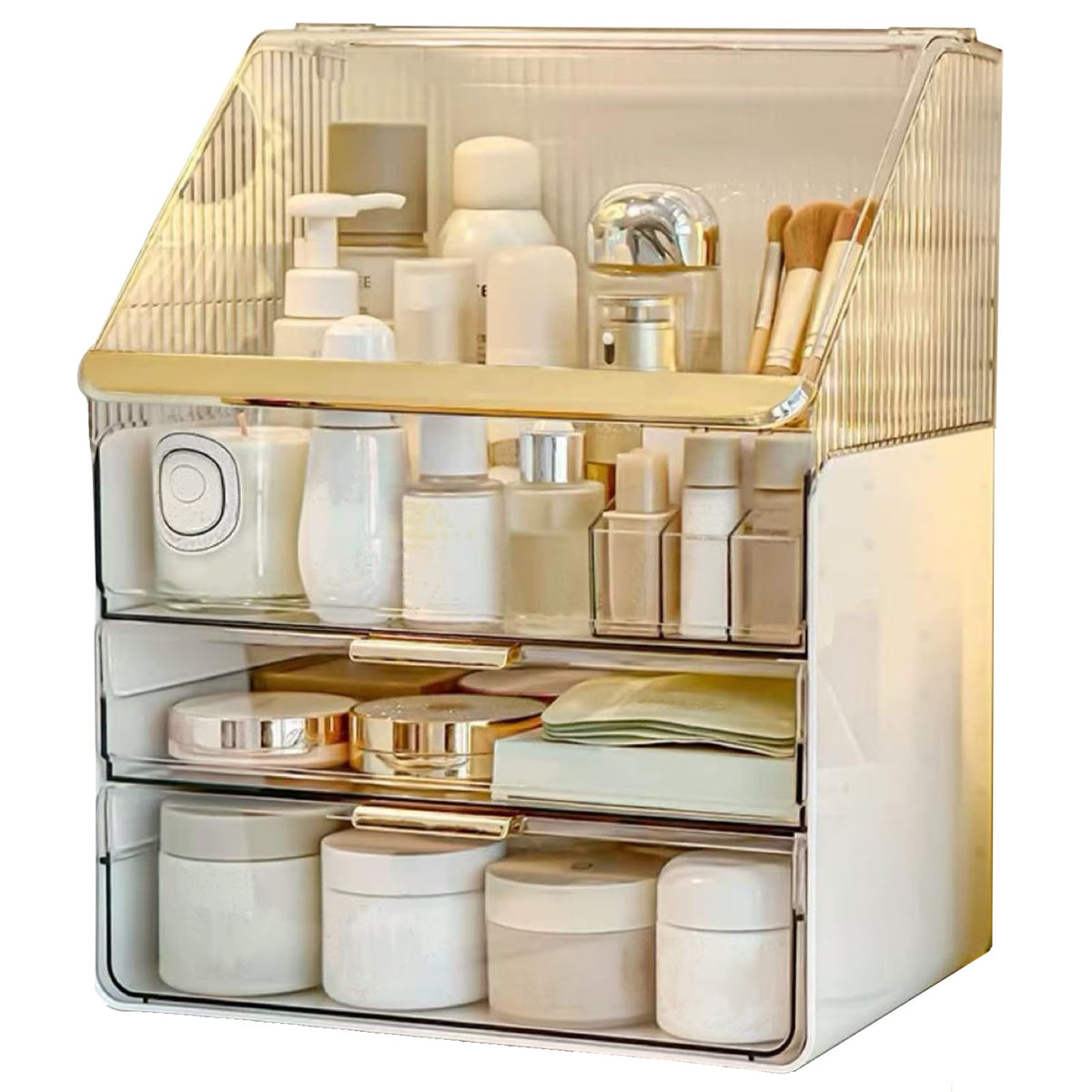 Omeily makeup organizer front view with clear cover for quick access to cosmetics