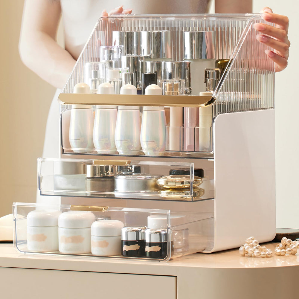 Omeily vanity organizer interior layout shows three layers for organized storage