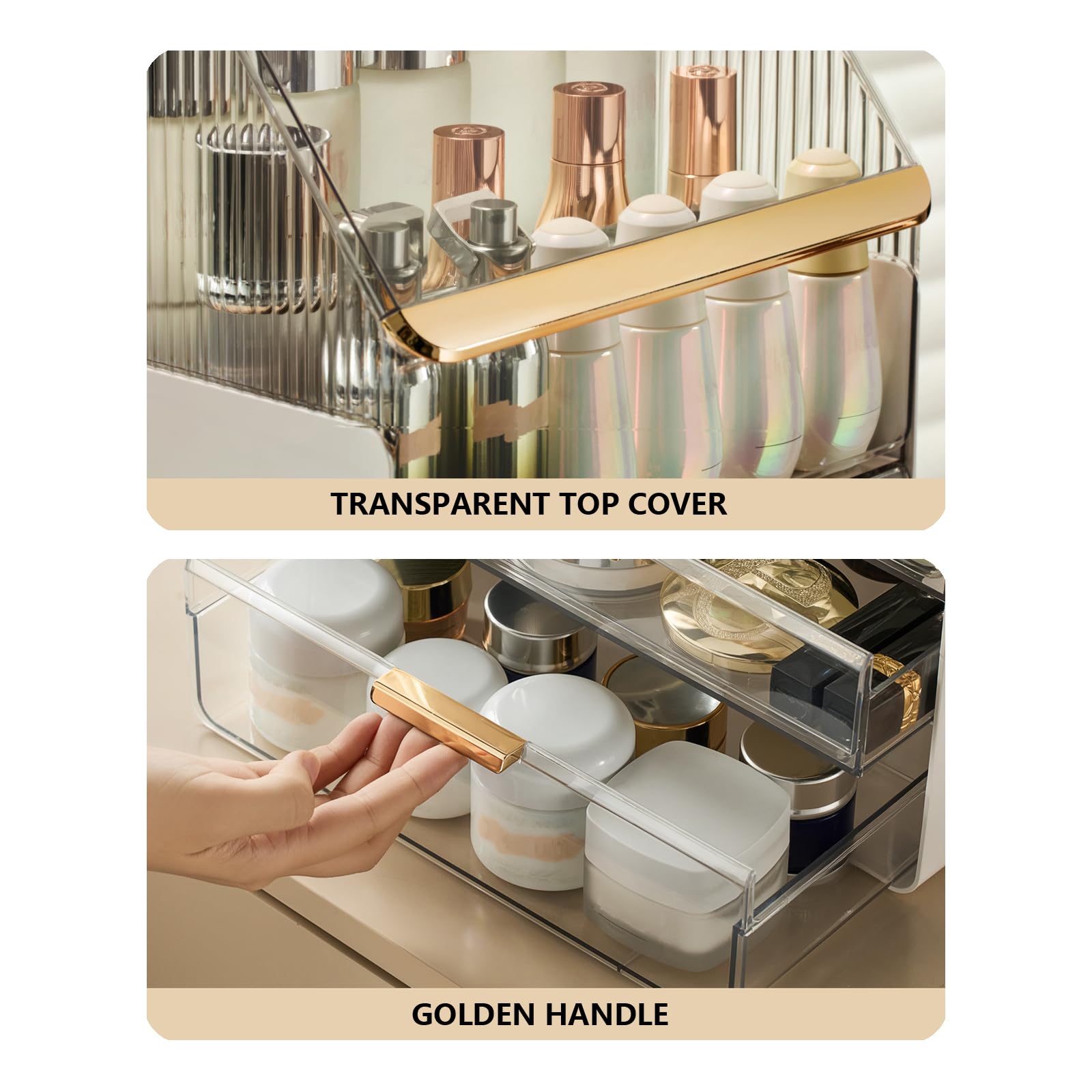 Omeily portable makeup storage with golden handle for travel convenience