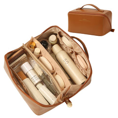 Omeily travel makeup bag demonstrates large capacity for full-size cosmetics on trips.