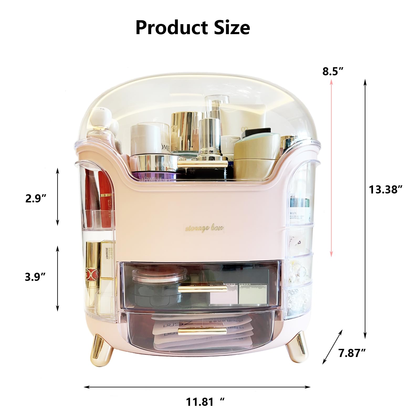 Omeily Upgrade large makeup organizer with golden handle adds stylish, portable vanity appeal.