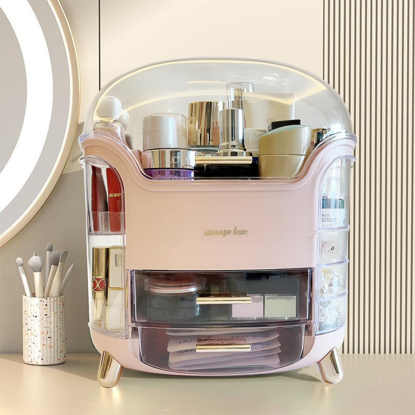 Omeily Upgrade large makeup organizer three-layer design maximizes storage and keeps items organized.