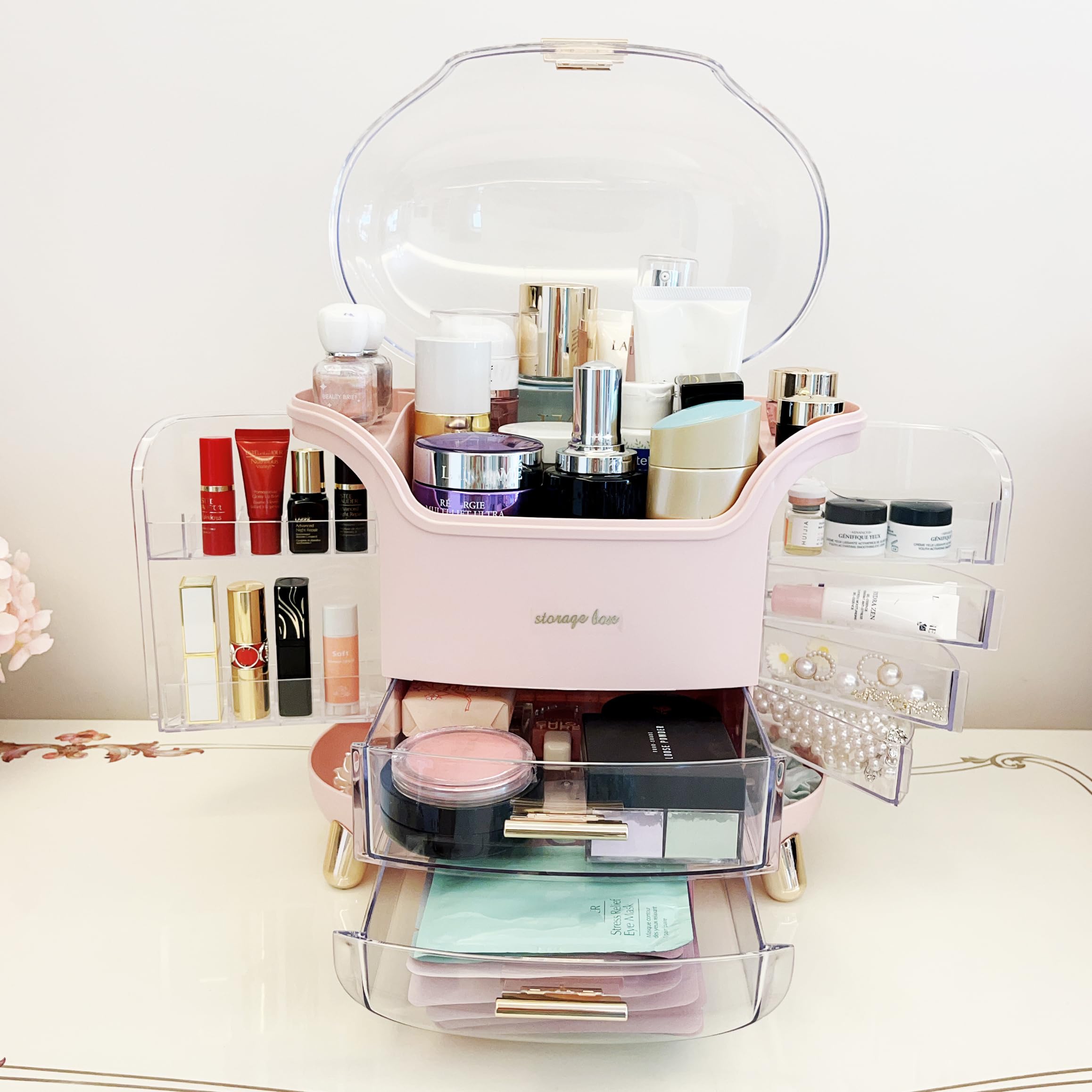 Omeily Upgrade large makeup organizer's wide capacity stores skincare, cosmetics, and jewelry neatly.
