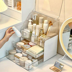 Omeily large-capacity organizer keeps skincare, cosmetics, and jewelry neatly arranged