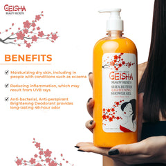 OMIC Geisha body-wash-pour shows product ready for shower brightening ritual.