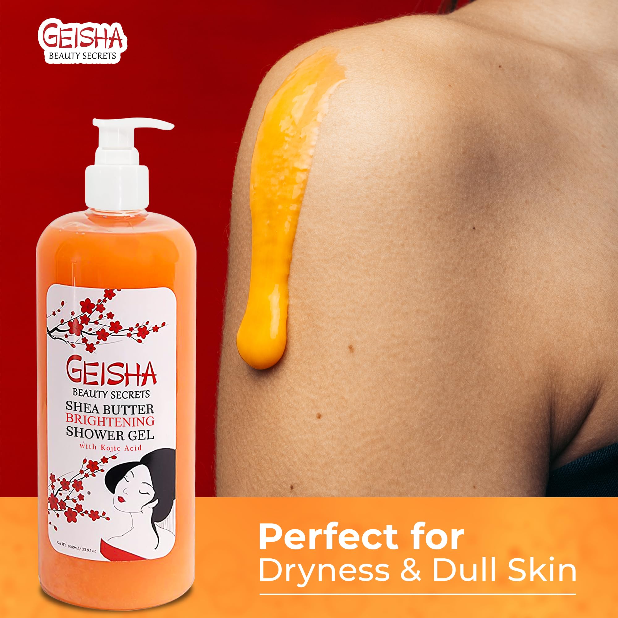 OMIC Geisha skin-brightening-ingredients-closeup spotlights kojic acid and moisturizing oils.