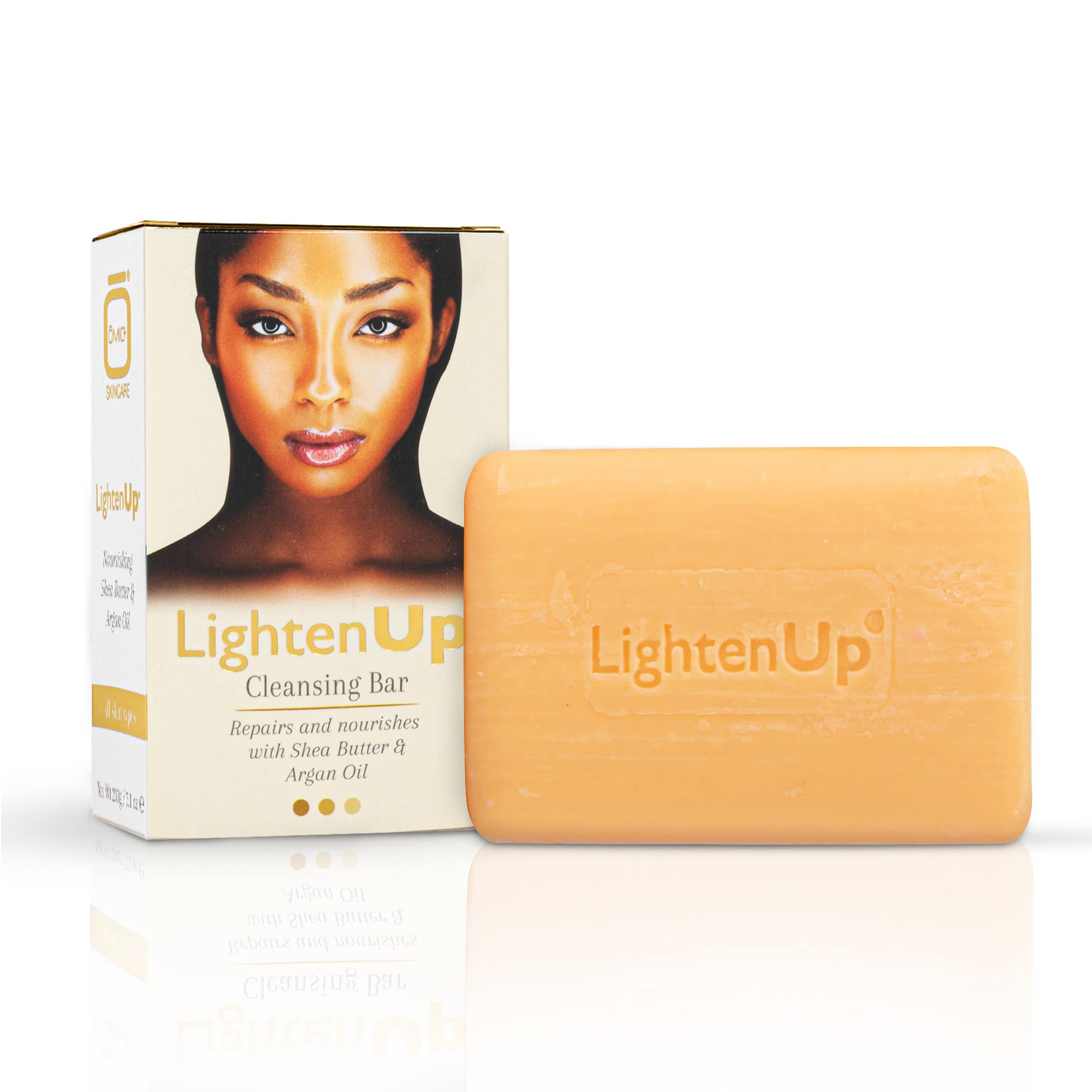 OMIC Lighten-Up anti-aging cleansing bar packaging showcases 200g size and premium ingredients for gifting.