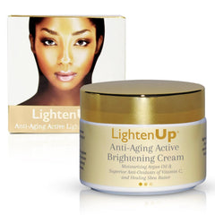 OMIC Lighten-Up anti-aging cream bottle closeup highlighting radiant skin potential.